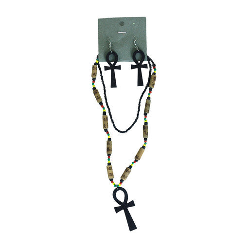 Beaded Ankh Necklace & Earring Set in Brown or Black